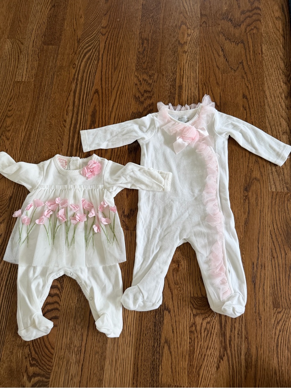 White Baby Girl Floral One-Pieces with Pink Rosettes, NWOT